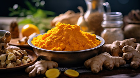 Generative AI : Spa heath care set of essential oils soap ginger turmeric roots and spices on a plate Brown wooden background Copy spaceの素材