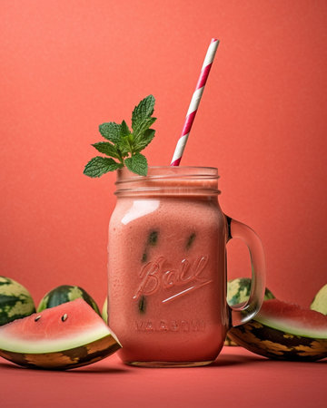 Generative AI : Watermelon smoothie fresh juice on colorful wooden background with palm leaves Top viewの素材