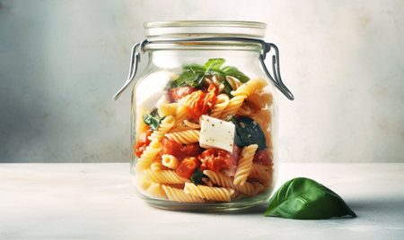 Generative AI : Traditional tomato sauce with basil in a glass jar with Italian flag Top view Grey backgroundの素材