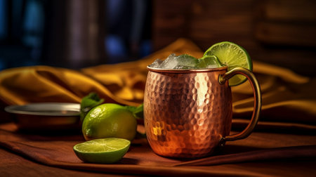 Generative AI : Moscow mule cocktail in copper mug shaker with fresh mint lime on marble board Dark background Copy spaceの素材