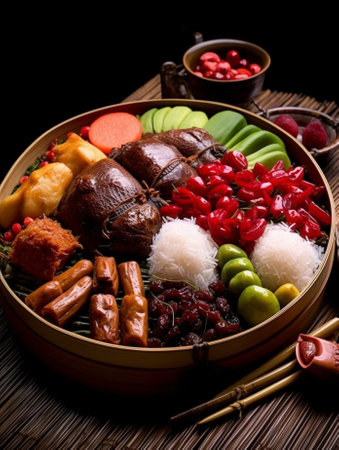 Generative AI : Traditional ceremonial Asian food fruits desserts duck rice on the tableの素材