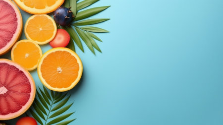Generative AI : Tropical fruits assortment on a white plate with palm leaf Blue background Top view Copy spaceの素材