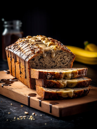 Generative AI : Healthy vegan oat and banana loaf bread cake Blue wooden background Top view Copy spaceの素材