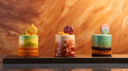 Generative AI : Christmas cakes puddings on cake stand Grey background Close up Copy spaceの素材