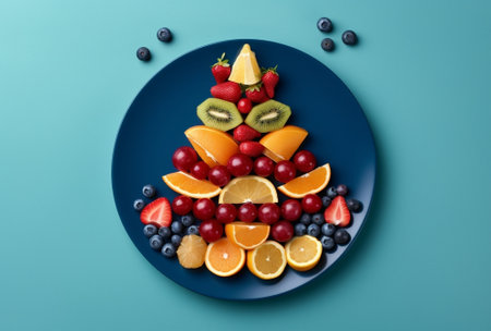 Generative AI : Tropical fruits assortment on a white plate with palm leaf Blue stone background Top view Copy spaceの素材