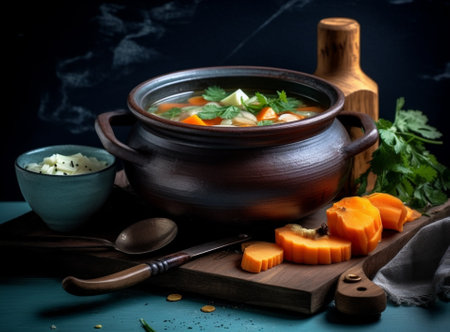 Generative AI : Pumpkin soup with spices in black bowl Dark background Close up Copy spaceの素材