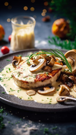 Generative AI : Savory waffles with corn and mushroom creamy sauce on a plate on a wooden backgroundTop viewの素材