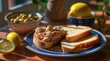 Generative AI : Duck meat terrine pate with pine nuts rosemary and juniper berry in a glass jar with piece of bread and vintage knife on a white plateの素材