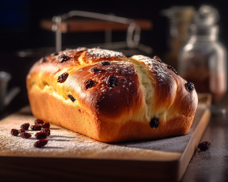 Generative AI : Cranberry and hazelnut wholegrain bead loaf on a wooden backgroundSelective focusの素材