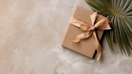 Generative AI : Wooden plate with palm leaf on natural linen textile background Copy space Top viewの素材