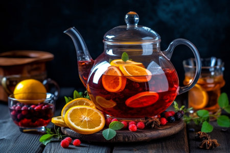 Generative AI : Fruit herbal tea with spices and honey in a glass teapot and cup on a dark wooden backgroundの素材