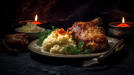 Generative AI : Meatballs duck meat with apple sauce and mashed celery potato on a wooden backgroundの素材