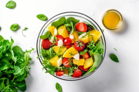 Generative AI : Fresh salad with strawberry orange and spinach in a bowl on wooden background Top view Copy spaceの素材
