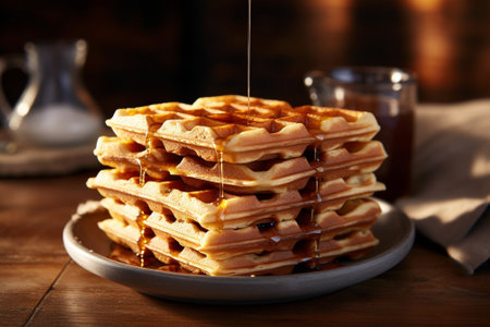 Generative AI : Fresh waffles with maple syrup and coffee on a wooden backgroundの素材