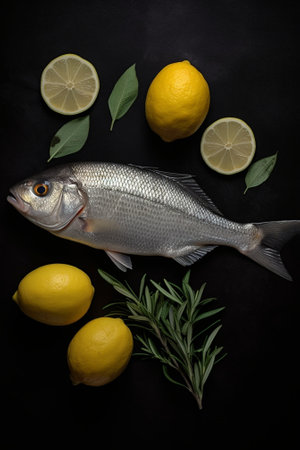 Generative AI : Fresh raw fish dorado on a plate with herbs and slices of lemon Grey stone background Top view Copy spaceの素材
