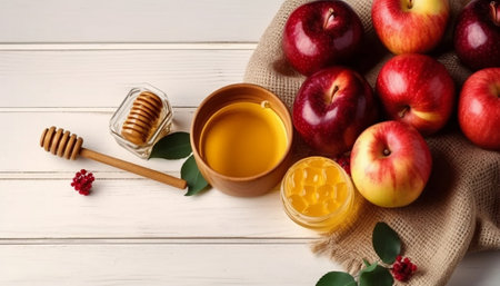 Generative AI : Honey honeycombs and fresh apples on a lavender wooden background Top view Copy spaceの素材