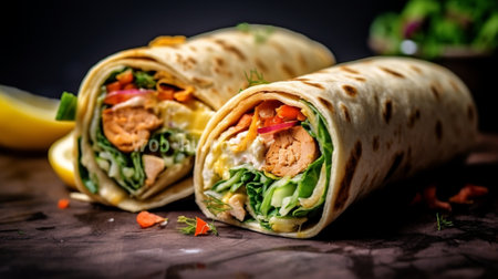 Generative AI : Wrap sandwich roll with fish salmon and vegetables Grey background Close up Copy spaceの素材