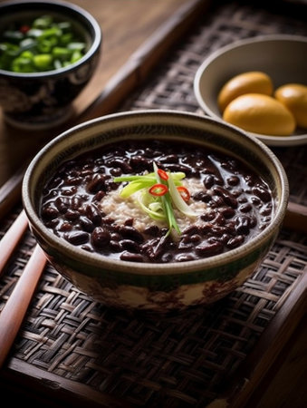 Generative AI : Black sticky rice pudding with coconut milk in white bowl Wooden backgroundの素材