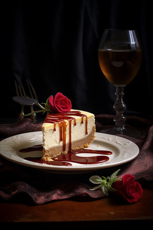 Generative AI : Piece of Rose flavor cheesecake with apple compoteの素材