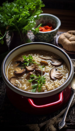 Generative AI : Buckwheat porridge with dried Mushrooms Traditional dish of russian cuisine on the tableの素材