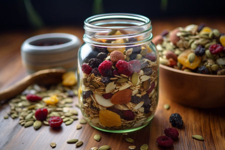 Generative AI : Healthy breakfast Fresh granola muesli in a glass jar Organic oat almond and sunflower seeds Copy spaceの素材