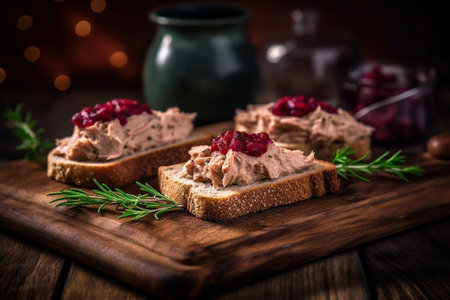 Generative AI : Baked meat pate in jar and on bread Delicious sandwich Gourmet foodの素材