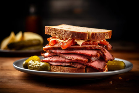 Generative AI : Roast beef sandwich on a plate with picklesの素材