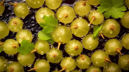 Generative AI : Fresh gooseberries in glass bowl on black stone slate background Top viewの素材