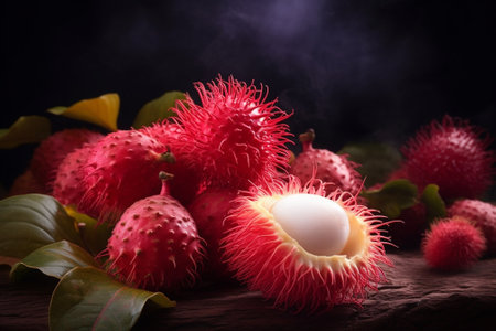 Generative AI : Fresh rambutans in a grey stone bowl on wooden colorful background Copy space Top viewの素材