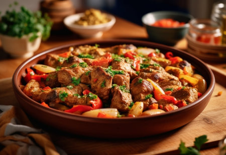 Generative AI : Tagine with cooked chicken and vegetables Traditional moroccan cuisine Wooden background Copy space Top viewの素材