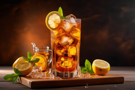 Generative AI : Ice tea lemonade in glass and beverage dispenser with fresh lemons Grey background Copy spaceの素材