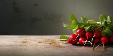 Generative AI : Radish bunch on grey stone background Copy space Top viewの素材