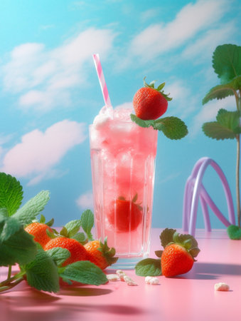 Generative AI : Strawberry margarita cocktail on colorful wooden background with palm leaf Copy spaceの素材