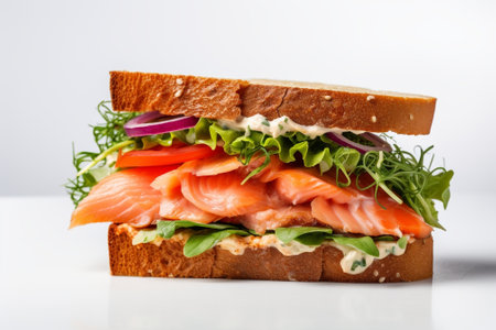 Generative AI : Sandwich with salmon vegetables and cream cheese on plate Grey background Copy spaceの素材