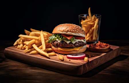 Generative AI : Ingredients for Burger hamburger with french fries on a dark wooden backgroundの素材