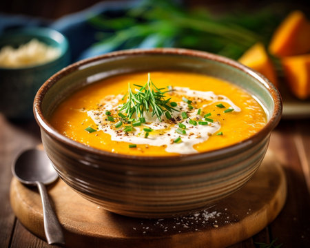 Generative AI : Pumpkin and carrot soup with cream Blue wooden background Copy space Top viewの素材