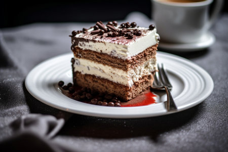 Generative AI : Vanilla chocolate layered cake on white plate Grey background Close upの素材