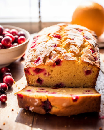 Generative AI : Pumpkin seem bread loaf cake with cranberries on a white wooden backgroundの素材