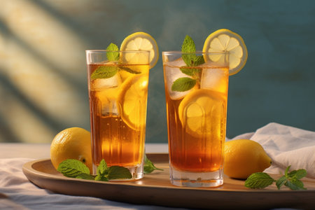 Generative AI : Ice tea lemonade in glass and beverage dispenser with fresh lemons Grey background Close upの素材