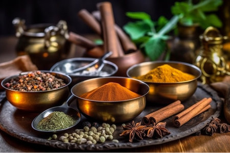 Generative AI : Various Indian spices in vintage metal cups on a aged metal tray on a wooden background Selective focusの素材