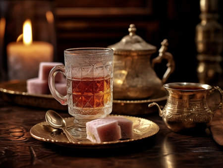Generative AI : Turkish delight on a copper plate with glass of tea Grey stone background Copy spaceの素材