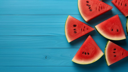 Generative AI : Watermelon slices on a white plate Blue background Top view Copy spaceの素材