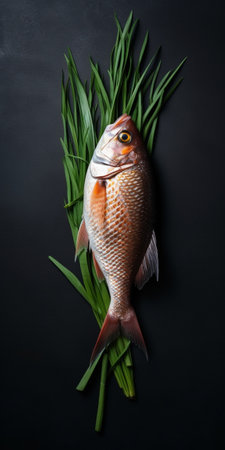 Generative AI : Sea bass fish on slate black board Raw ingredient for cooking grill roasting Top view Copy spaceの素材