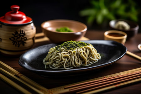 Generative AI : Assortment of asian soba green tea and egg noodles Slate background Top viewの素材