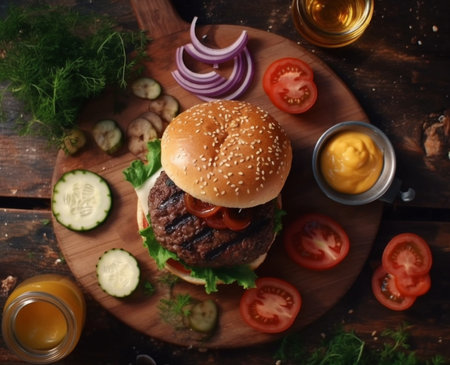 Generative AI : Burger on a plate with pickles Wooden backgroundの素材