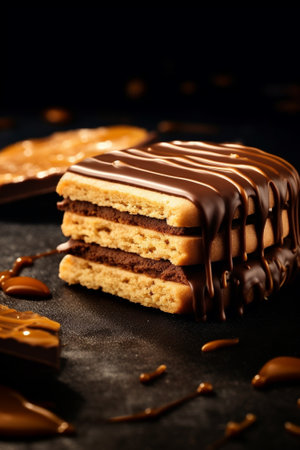 Generative AI : Chocolate caramel slices bars millionaires shortbread on a grey plate Blue background Top view Copy spaceの素材