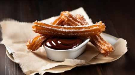 Generative AI : Churros dessert with chocolate sauce topping dip on black plate Close upの素材