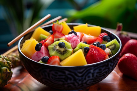 Generative AI : Bowl of fresh exotic fruit salad Healthy breakfastの素材