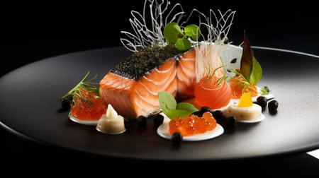 Generative AI : Cuttlefish ink paste with cream sauce and smoked salmon on a white plateの素材