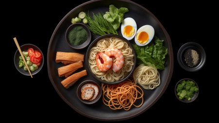 Generative AI : Assortment of Japanese soba noodles with sauce and garnishes Black slate background Close upの素材